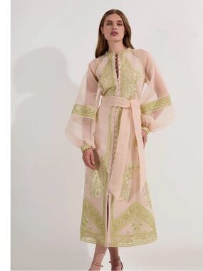 Karen Miller Light Pink with Green Embroidered Mandarin Collar Midi Dress